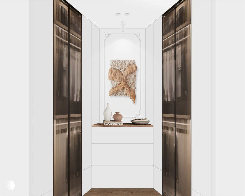 Гардеробная ниша между платяными шкафами: комод для мелочей, декоративная ниша и панно из шерсти мериноса с бахромой из рафии.