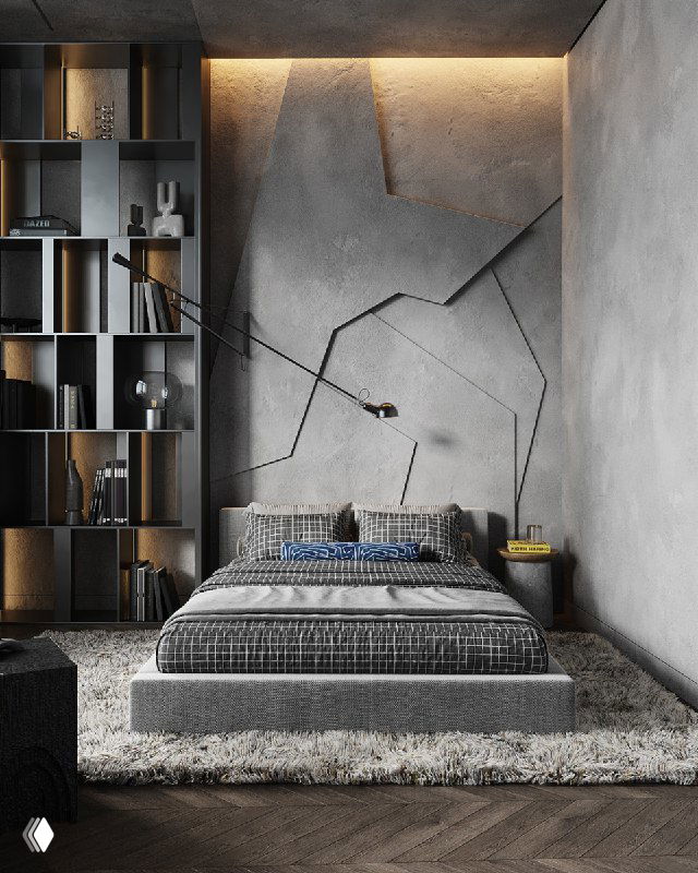Спальная зона с рельефной бетонной панелью над кроватью, минималистичный интерьер в тёмных тонах и нишевым освещением.