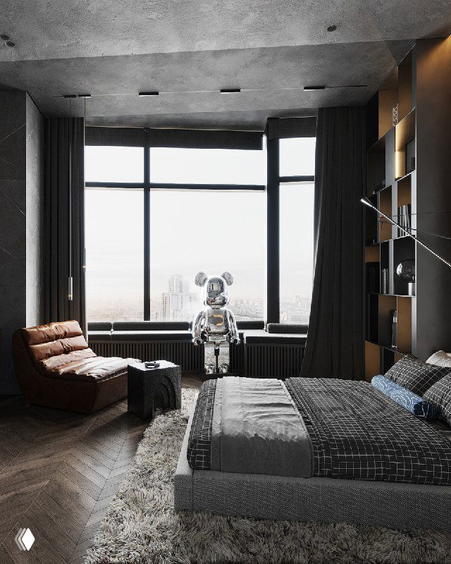 Спальня с видом на город: кровать в индустриальном стиле, стеллаж для коллекции керамических мишек и один выставлен как арт-объект.