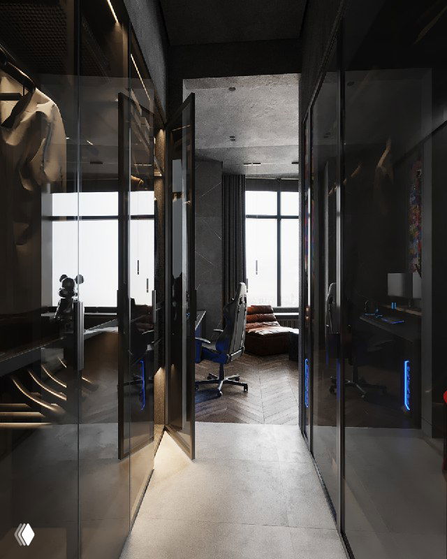 Вход в комнату через гардеробную: шкафы со стеклянными фасадами, зеркальные поверхности и вид на рабочую зону.