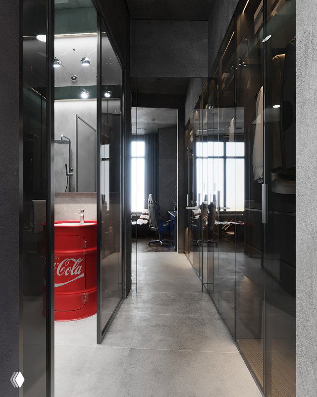 Коридор и зеркальные фасады навесного шкафа, сквозной вид на душевую и заметная красная раковина‑бочка с логотипом в интерьере проекта.