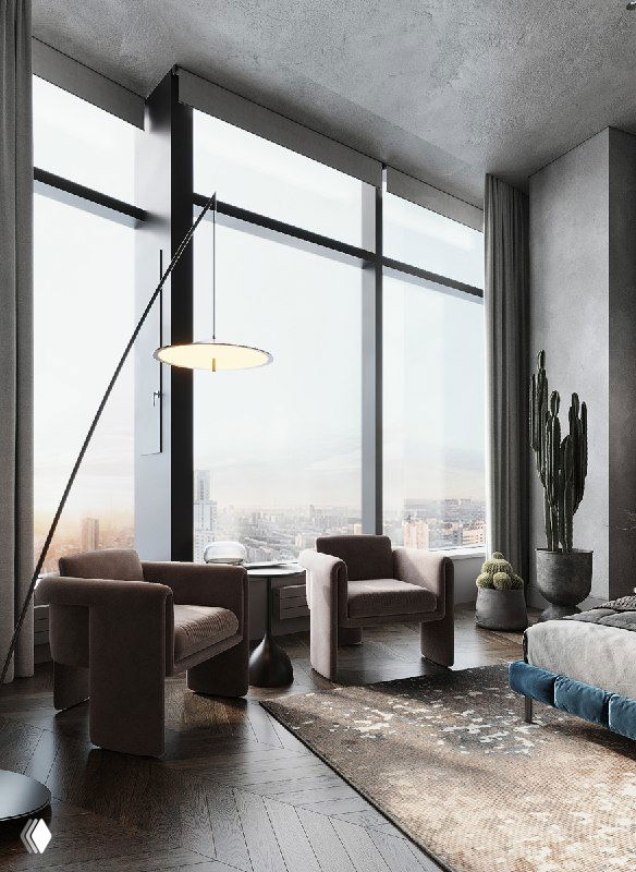 Зона отдыха у панорамного окна: кресла Floria, торшер и вид на город с высоты 46 этажа, мягкие текстуры, ковёр и светлая палитра интерьера.