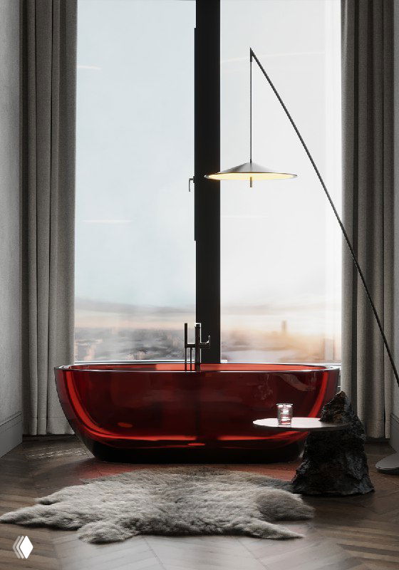 Алое стеклянное отдельно стоящее ванное изделие у панорамного окна с видом на город с 46 этажа, рядом ковер‑волчья шкура.