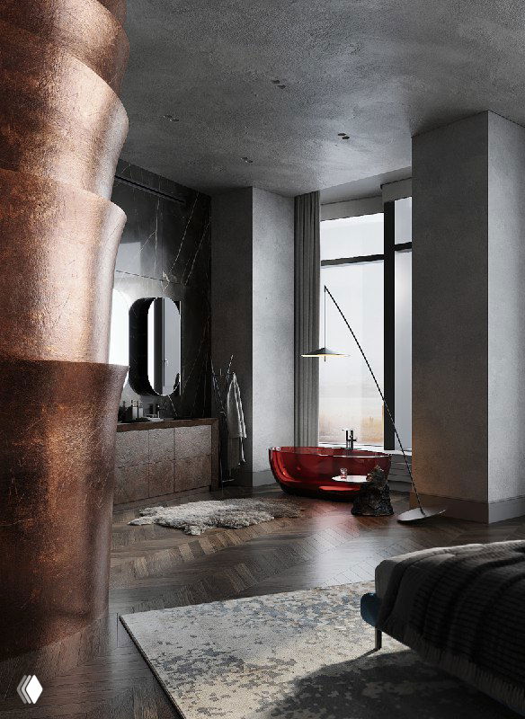 Широкий ракурс ванной и прилегающей спальни: алая ванна у окна, медная столешница и тёмные стеновые панели в композиции интерьера.