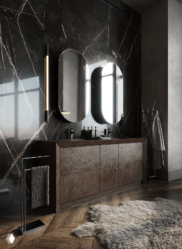 Зона умывания с двумя встроенными раковинами на фоне тёмного керамогранита с золотыми прожилками, овальные зеркала и кварцевый паркет.