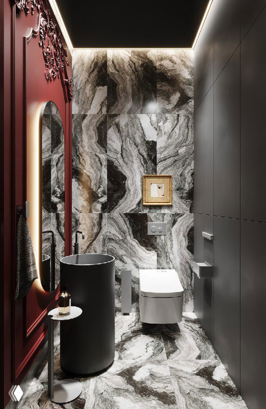 Общий вид санузла: керамогранит с волнообразным чёрно-белым рисунком на полу и стенах, тёмные фасады МДФ и периметральная подсветка потолка.