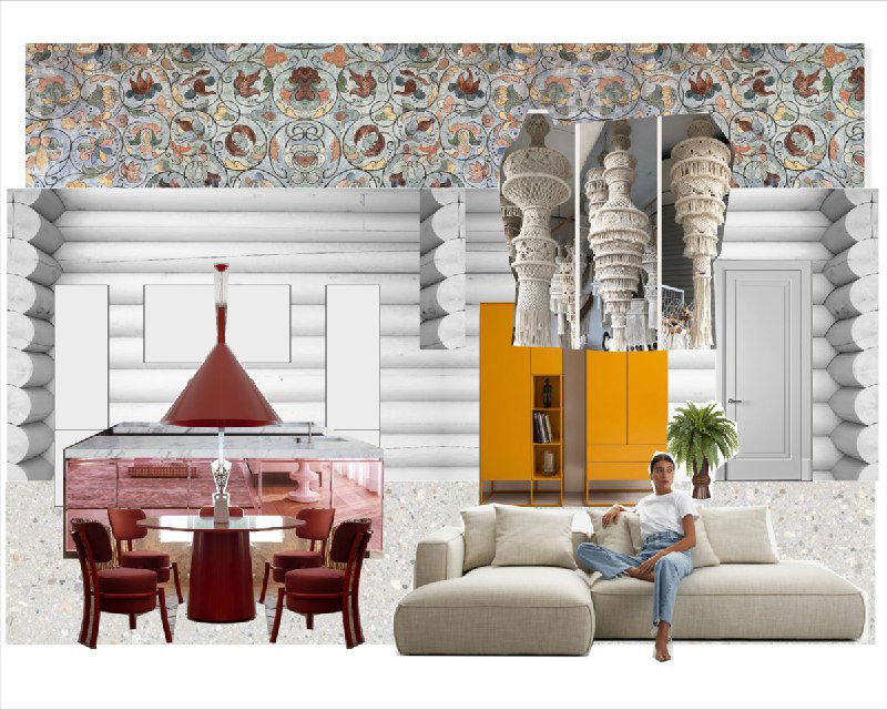 Коллаж-визуализация интерьера деревянного дома: белые тесаные брёвна, кресла и диван, красная подвесная лампа и орнаментальный фриз в верхней части стены, сочетание минимализма и фольклорных мотивов.