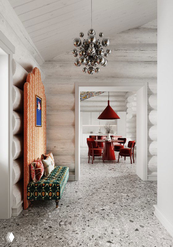 Смотровая перспектива из прихожей в столовую: цветная кушетка слева, арочный текстильный элемент, подвесная люстра и красная столовая зона в глубине деревянного дома.