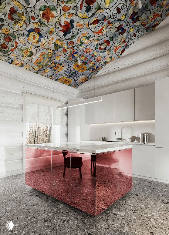 Кухня в бревенчатом доме с зеркальным розовым островом на фоне расписного потолка и белых бревенчатых стен; общий вид с угла.