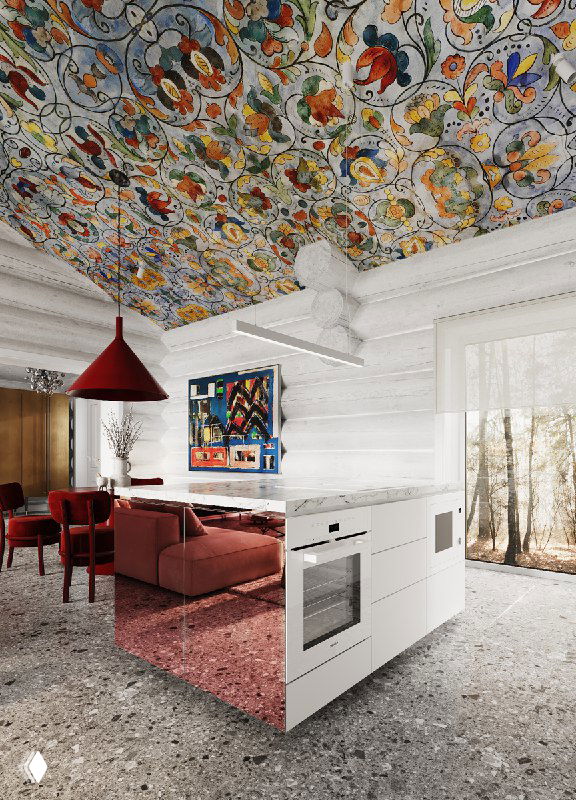 Зеркальный розовый остров рядом с белым кухонным гарнитуром и ярко-красной столовой группой; контраст материалов и цветов виден ясно.