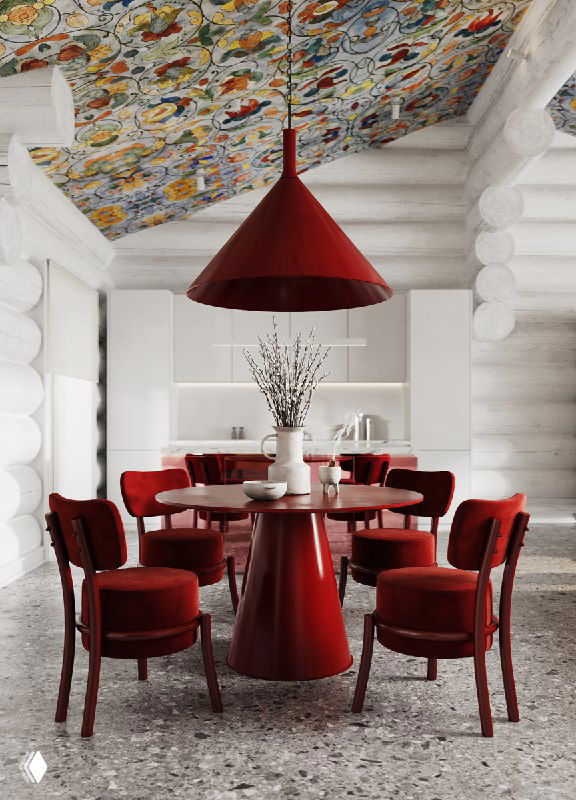 Крупный план красной столовой группы у зеркального розового острова в интерьере бревенчатого дома с расписным потолком над обеденной зоной.