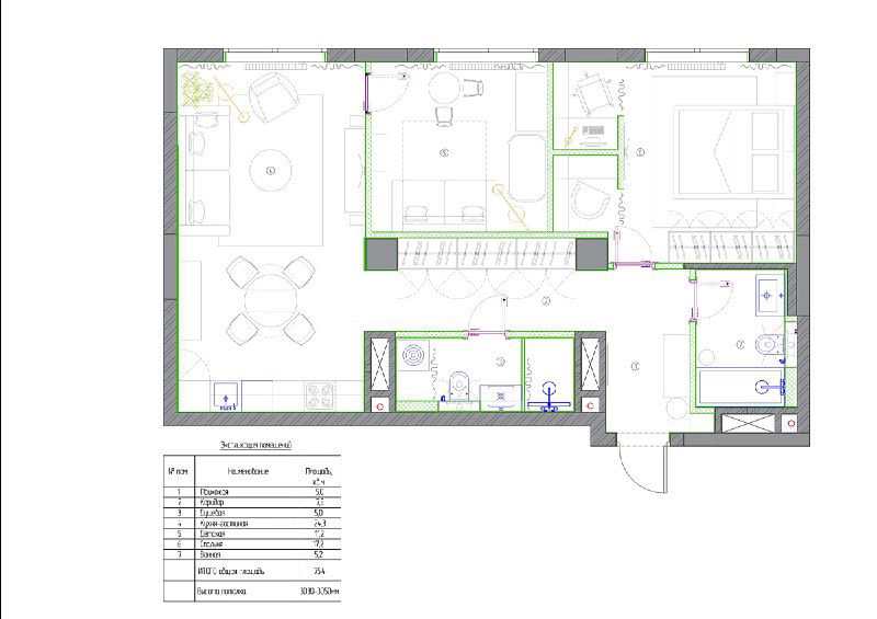 План квартиры проекта «Восхождение на вершину»: вид сверху с обозначением кухни‑гостиной, спальни, детской и мокрых зон для размещения мебели.