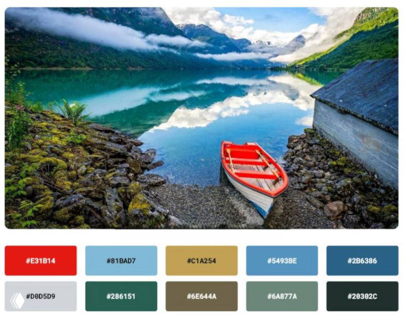Пейзаж норвежского фьорда с красной лодкой у берега и пример палитры цветов сверху — вдохновляющее изображение для интерьерного проекта.