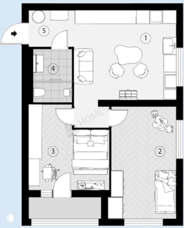 Ещё один вариант 2D-эскиза с расстановкой мебели: гостиная с диваном, столовая зона и детская — рабочая схема размещения.