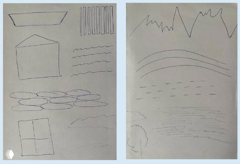 Фотография листов с ручными эскизами: линии, волны и геометрические штрихи — наброски текстур, силуэтов и настроения проекта.