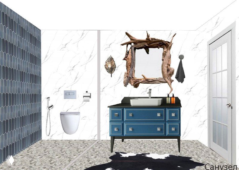 3D-визуализация ванной комнаты с синей тумбой под раковину, мраморной облицовкой и декоративными элементами — пример отделки санузла.