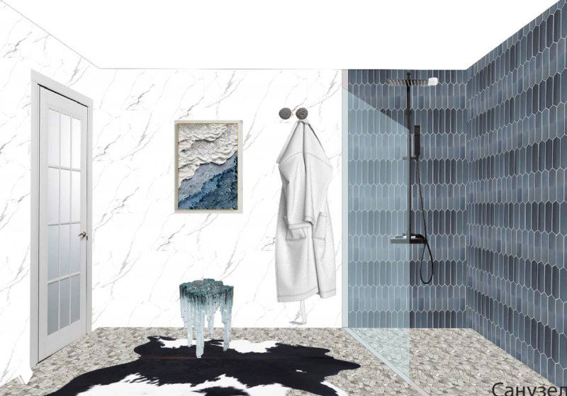 Визуализация душевой зоны с чёрной душевой системой, текстурной плиткой и светлой мраморной отделкой — детальная картинка санузла.