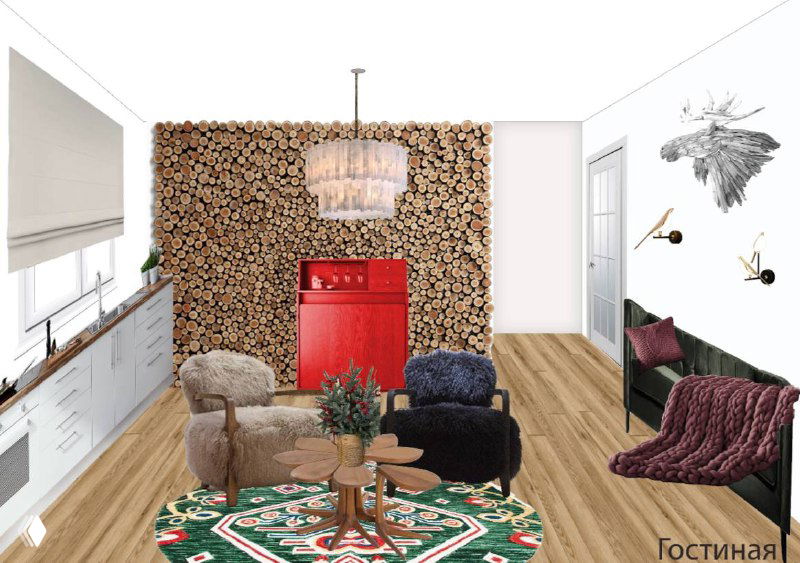 Визуализация кухни-гостиной с декоративной стеной из чурбаков, ярко-красной плитой и мягкой зоной с ковром — смелая цветовая идея проекта.