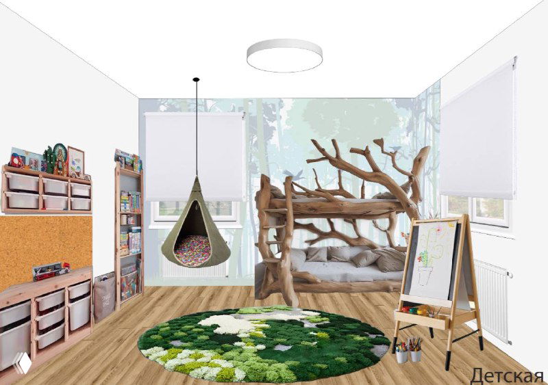 Визуализация детской комнаты: кровать в виде дерева с лазалками, подвесное кресло-капсула и зелёный круглый ковёр — игровая инсталляция в интерьере.