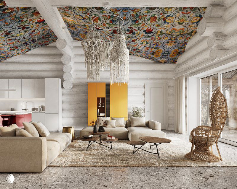 Широкий вид гостиной с белыми бревенчатыми стенами, двумя бежевыми диванами, телевизором и расписным потолком в стиле XVII века.