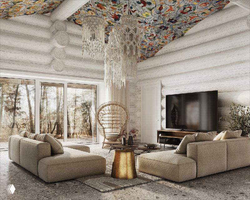 Угловой ракурс гостиной: плетёное кресло, низкие столики, макраме-люстра и ярко-жёлтый стеллаж на фоне расписного потолка.