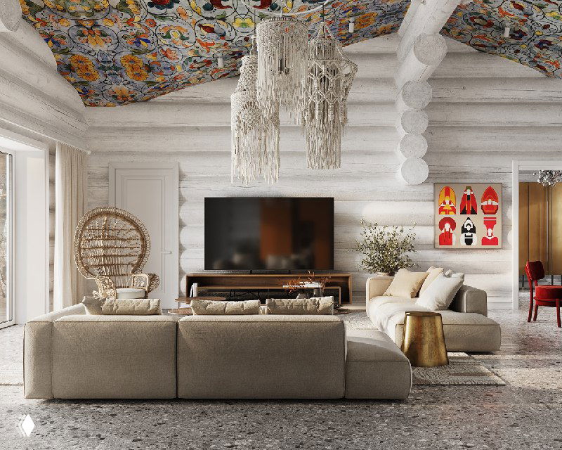 Вид от торца: два больших дивана, телевизор, жёлтый стеллаж и настенные росписи на потолке — современная интерпретация «а‑ля рус».