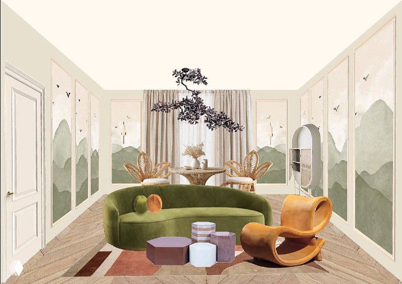 Визуализация гостиной в проекте «Солнце Тосканы»: зелёный бархатный диван, дизайнерское кресло, ковёр и декоративные молдинги с обоями в принт, передающие атмосферу вечера.
