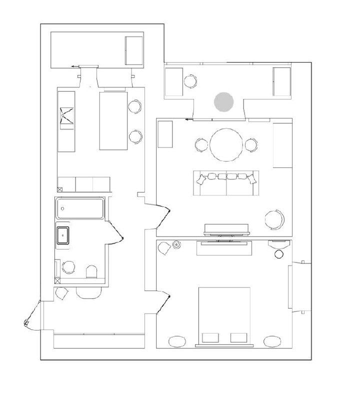 План квартиры в черно-белой графике: расположение зон — спальня, гостиная, кухня, санузел и проходы, используемое для планировочного решения в проекте.
