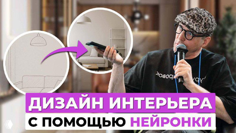 Обложка лекции: спикер с микрофоном демонстрирует создание 3D‑визуализации, врезки с планом и заголовок про нейронки