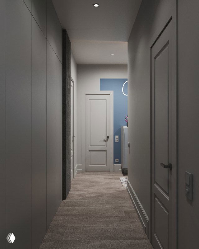 Широкий вид коридора: встроенный шкаф, оформленный в колонны тёмной штукатуркой, визуальная глубина и согласованная палитра материалов.