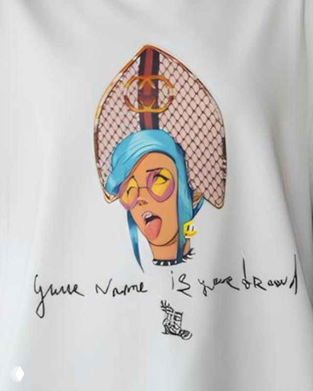 Фрагмент декоративной картины или принта с образным персонажем, размещённый как элемент декора в проекте интерьера спальни.