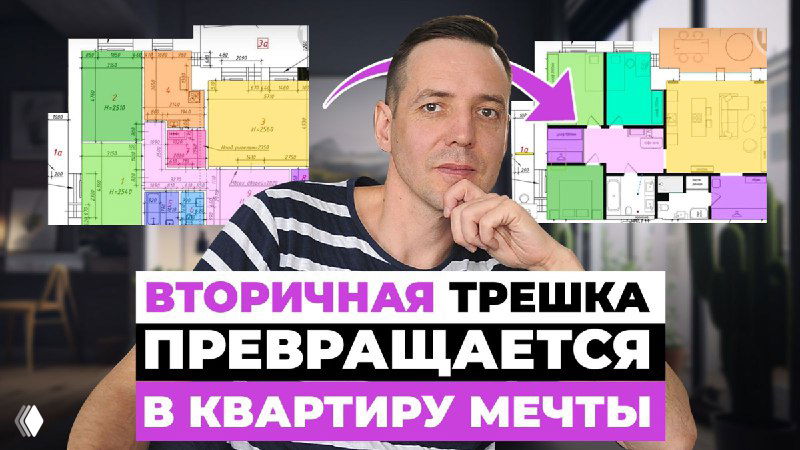 Миниатюра видео: ведущий на фоне коллажа планировок трёхкомнатной квартиры и схем перепланировки, подчёркнуты зоны кухни, коридора и комнат.