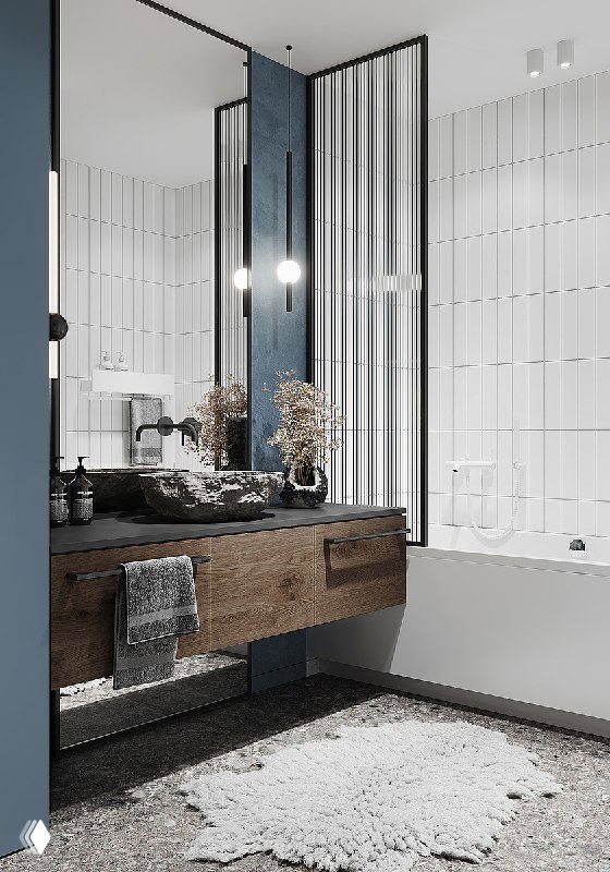 Боковой ракурс: раковина, зеркало и стеклянная перегородка душа, плитка с вертикальными линиями и контрастные материалы в интерьере ванной.