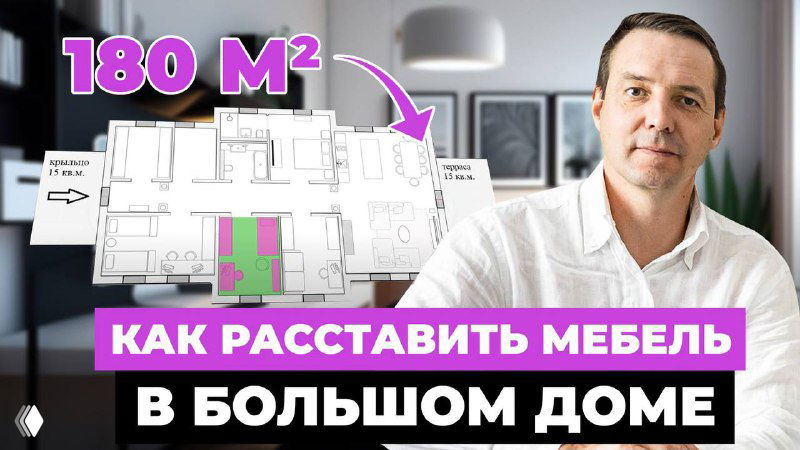 Превью видео: планировка дома 180 м² с выделенными зонами слева и портретом дизайнера Иван Безруков справа — тема расстановки мебели для большой семьи.