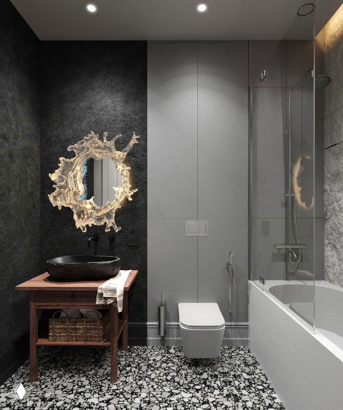 Общий вид ванной с монохромными стенами Staro Slim, эффектным керамогранитом от 41zero42 и акцентным зеркалом‑арт‑объектом.