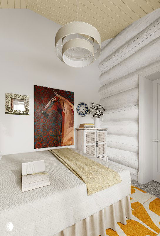 Гостевая спальня в современном русском стиле: кровать с кованым изголовьем на фоне светлой бревенчатой стены, зеркала, картина и яркий ковёр.