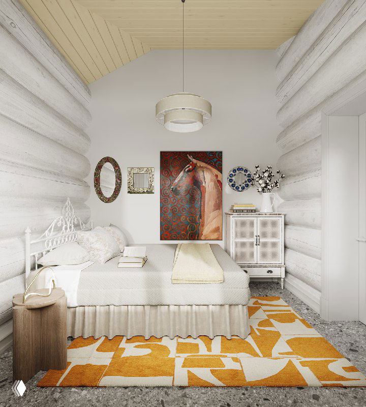 Общий план комнаты: кровать с аккуратной текстильной накидкой, яркий геометрический ковёр и мягкий кремовый потолок в загородном интерьере.