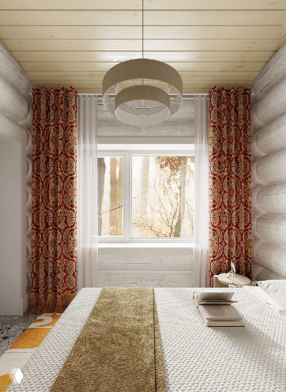 Вид от изголовья к окну: кровать, декоративные портьеры с орнаментом и естественный дневной свет, формирующий тёплую атмосферу комнаты.