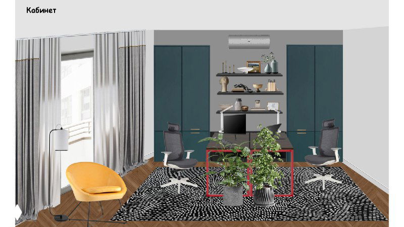Кабинет с зелёными стеновыми панелями, рабочей зоной и мягким креслом — сочетание функциональности и уютной эстетики в доме у горных любителей.