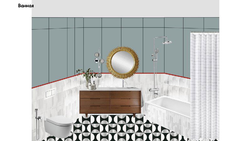 Ванная комната с геометрической плиткой, деревянной тумбой и круглым зеркалом; аккуратное сочетание зелёных и белых оттенков для спокойного ритуала.