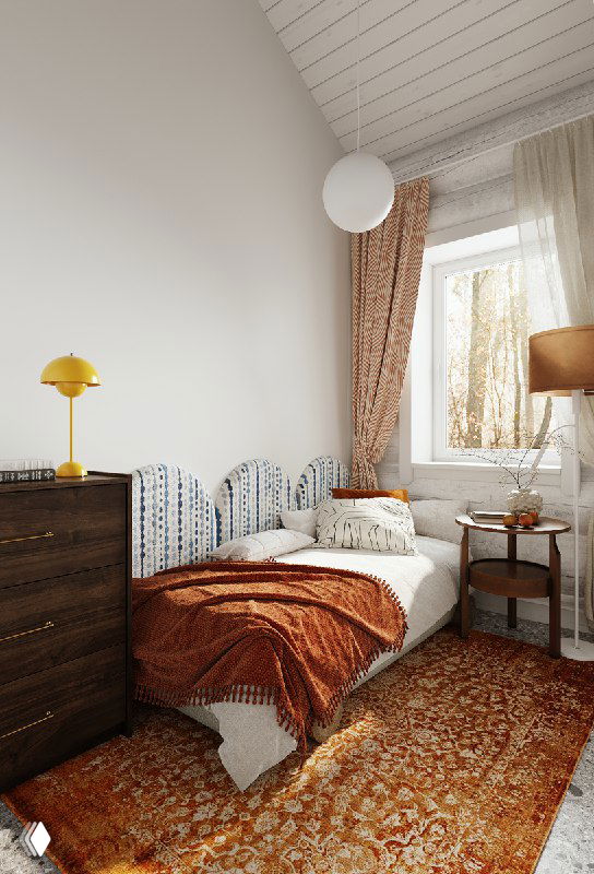 Комната с высоким окном и тёплой текстильной гаммой: занавески, орнаментальный ковёр и акценты в оранжево-коричневых тонах рядом с кроватью.