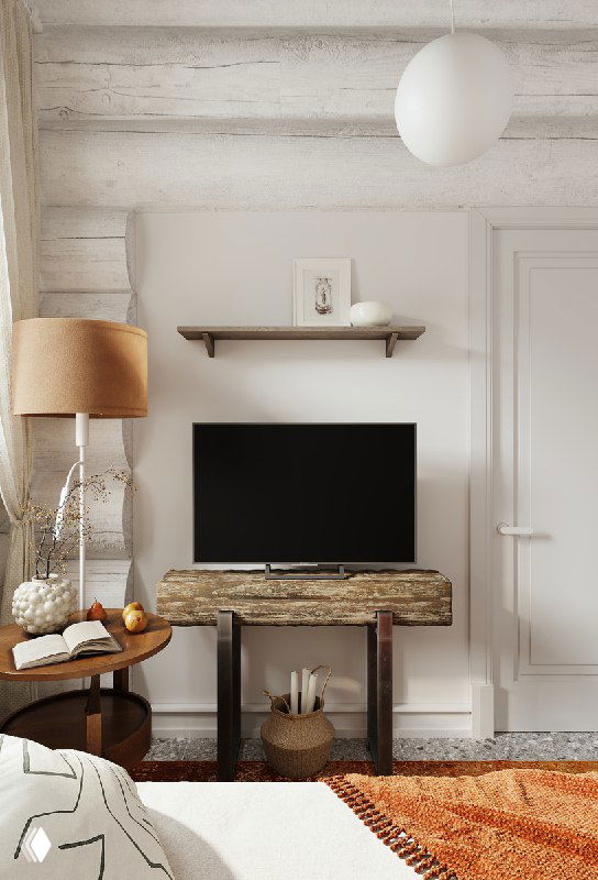 Интерьерная композиция с белыми потолочными балками, винтажной консолью и телевизором на фоне светлой стены; внизу заметен насыщенный оранжевый ковер.