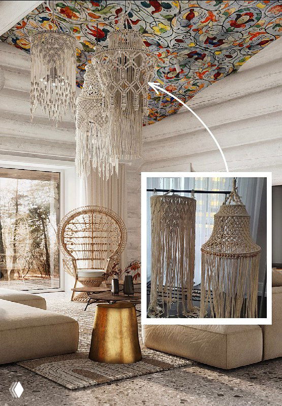 Макраме-люстры и плетеная мебель в светлом деревянном интерьере: детальное фото изделий ручной работы на фоне яркого расписного потолка.