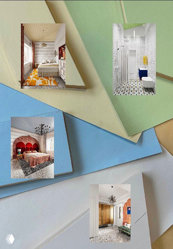 Коллаж с палитрой оттенков стен и потолка, образцами материалов и фотографиями разных комнат проекта в одном визуальном развороте.