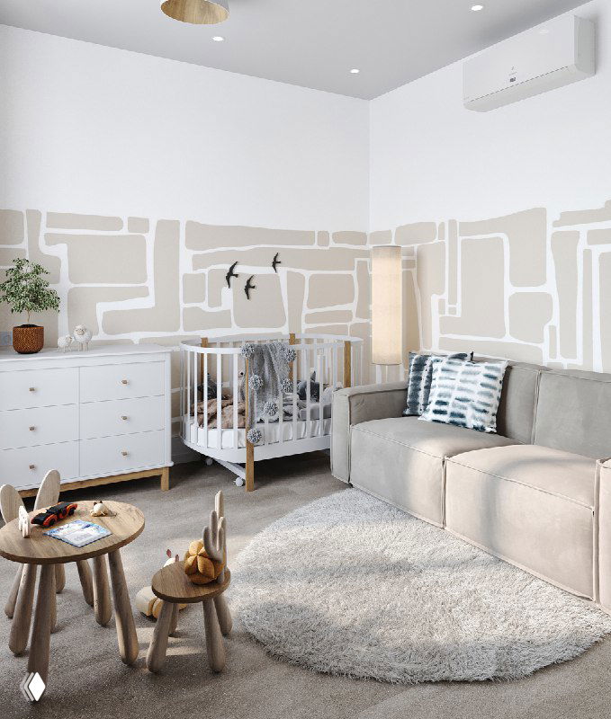 Интерьер нейтральной детской: кроватка, комод и диван на фоне минималистичных обоев Creativille, вид сбоку с ковриком на полу.