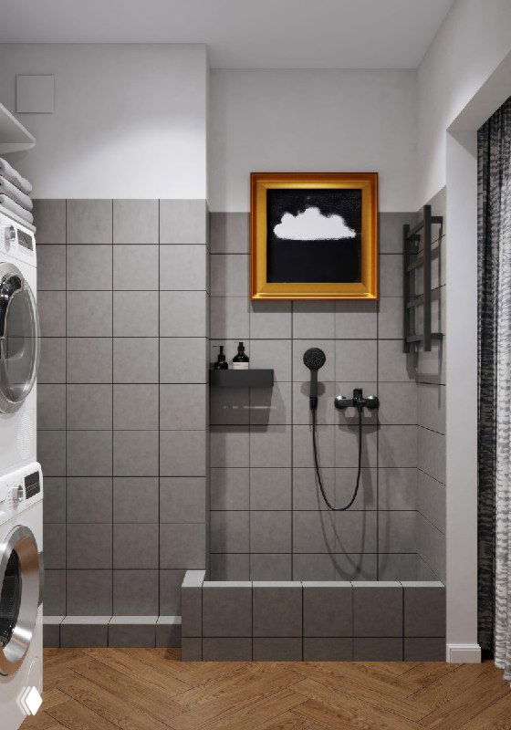 Узкая ванная-прачечная с душевой и низкой помывочной для собаки: серые плитки, паркетный пол и золотая картина на стене.