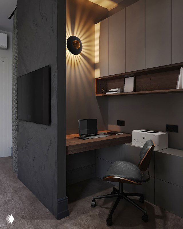 Вид на компактный кабинет с двумя рабочими местами за текстурной стеной, настенным светильником и организованным хранением — решение для совместного использования.