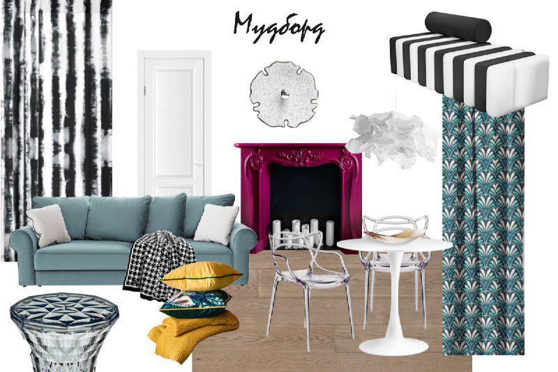 Визуализация «white box»: интерьерная сцена с нейтральными стенами и яркими текстильными акцентами, диван, стол и драпировки.