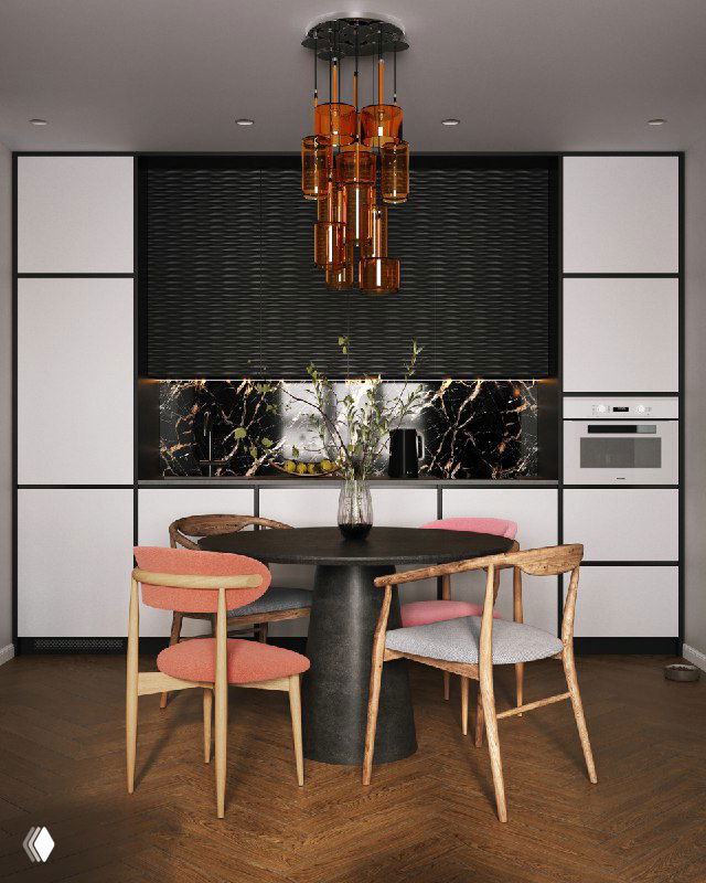 Кухня с круглым столом‑островом «костровище», разными стульями, тёмным гарнитуром и тёплой медной подвесной люстрой на фоне дымчатого фартука.