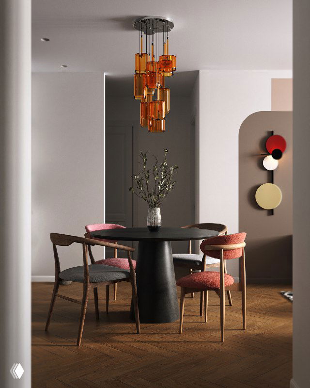 Другой ракурс интерьера: стол‑остров с разноцветными сиденьями, паркет, декоративная панель и акцентная люстра‑пламя в тёплой гамме.